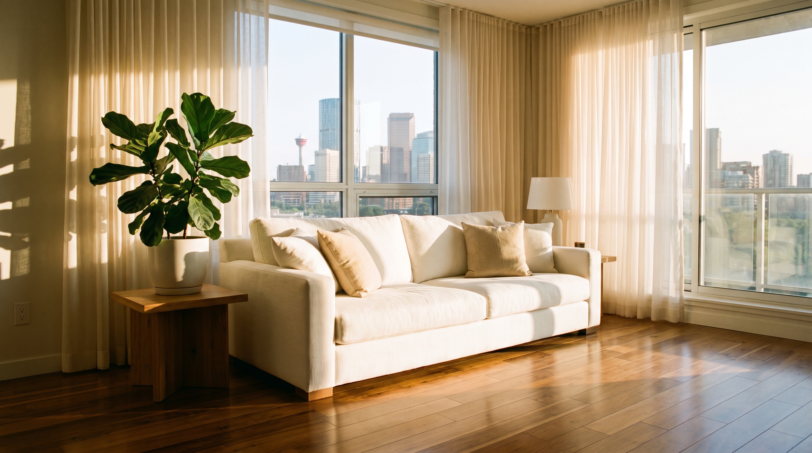 A bright sunlit Calgary living room, hardwood floors freshly cleaned and polished, modern furnishings, natural light from large windows