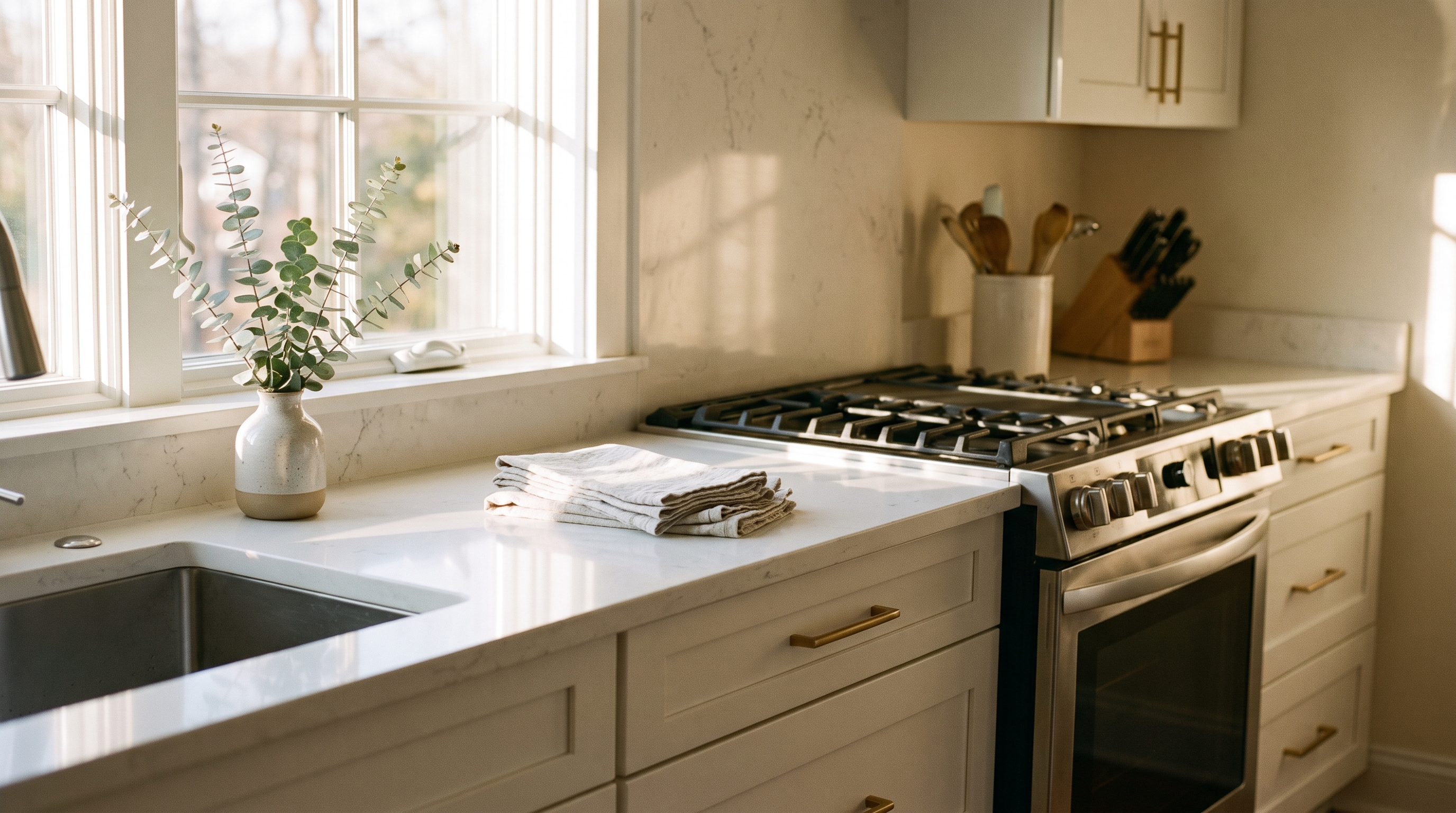 A bright, organized modern kitchen with white quartz counters, freshly cleaned, ready for the day