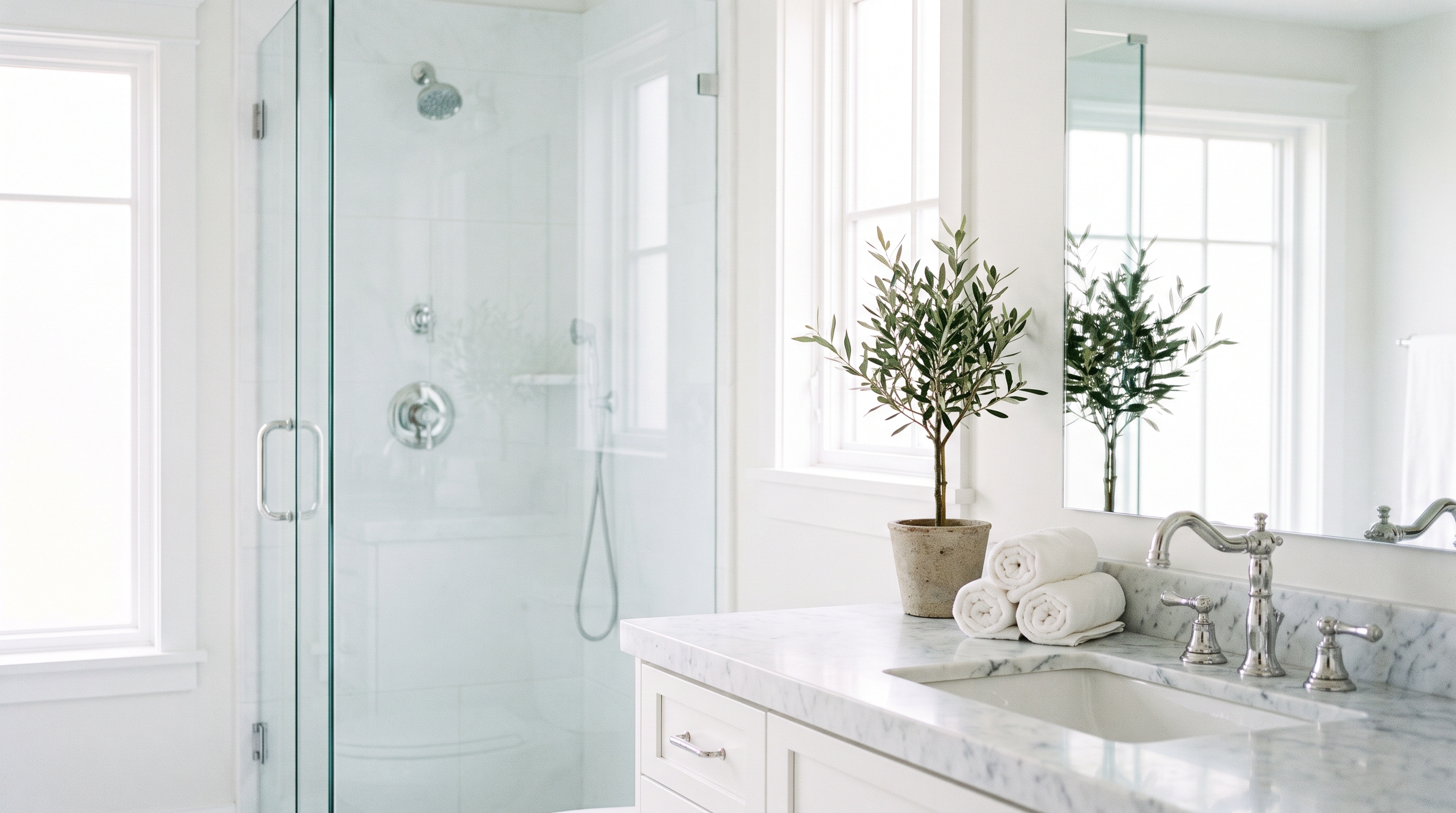 A clean and organized Calgary bathroom with tile, glass, and fixtures, ready for the day